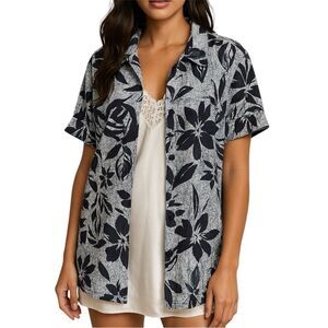 Expressions Blue and White Linen Floral Button Up Shirt 16